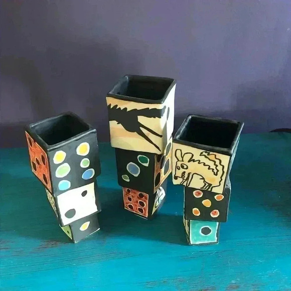 Vintage Other - Handmade 3 Piece Cat + Mouse Ceramic Vases